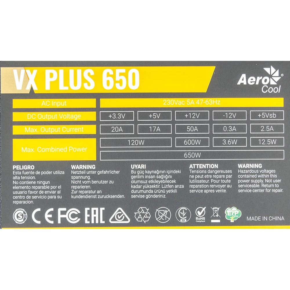Блок питания Aerocool ATX 650W VX PLUS 650W(24+4+4pin) 120mm fan 3xSATA RTL