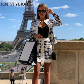 

Autumn Female Clothes 2 Piece Set For Women 2019 Fall/Winter O-Neck Zipper Houndstooth Tweed Short Jacket + Woven Woolen Skirt