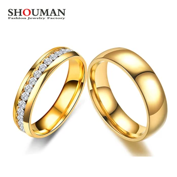 SHOUMAN Gold Color Lover Crystal Stainless Steel Rings for Men Women Wedding Band Custom Engrave Name Charm Gift