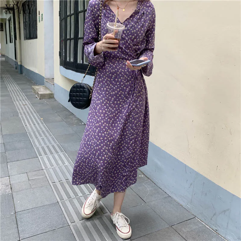 

Women Dress 2020 Spring Long Sleeve Print Floral Loose V-Neck Fresh Dresses Robe Female Lace Up Sweet Purple Chic A-Line Dresses