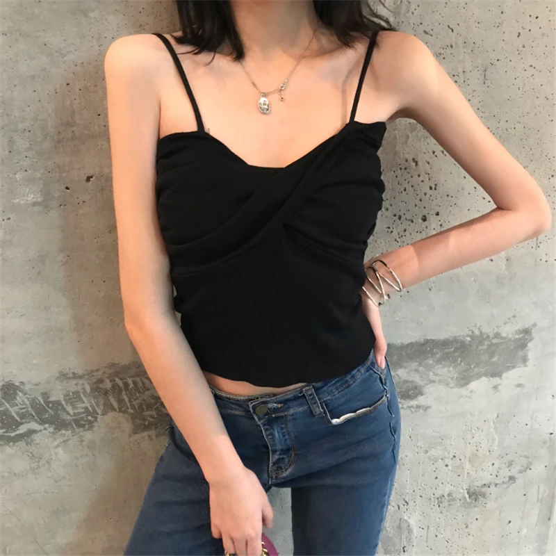 Women Fashion Solid Camis T Shirt Spring Summer Casual Backless Ladies Wrinkle Tops Tee Shirts Elegant V-neck Short Style Tops