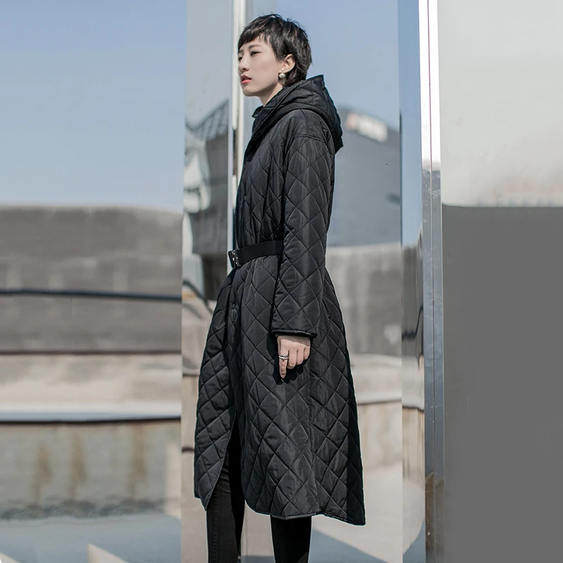 [EAM] черное пальто с капюшоном большого размера, теплое, с хлопковой подкладкой, с длинным рукавом, свободный крой, женские парки, модная новинка, Осень-зима, 19A-a822