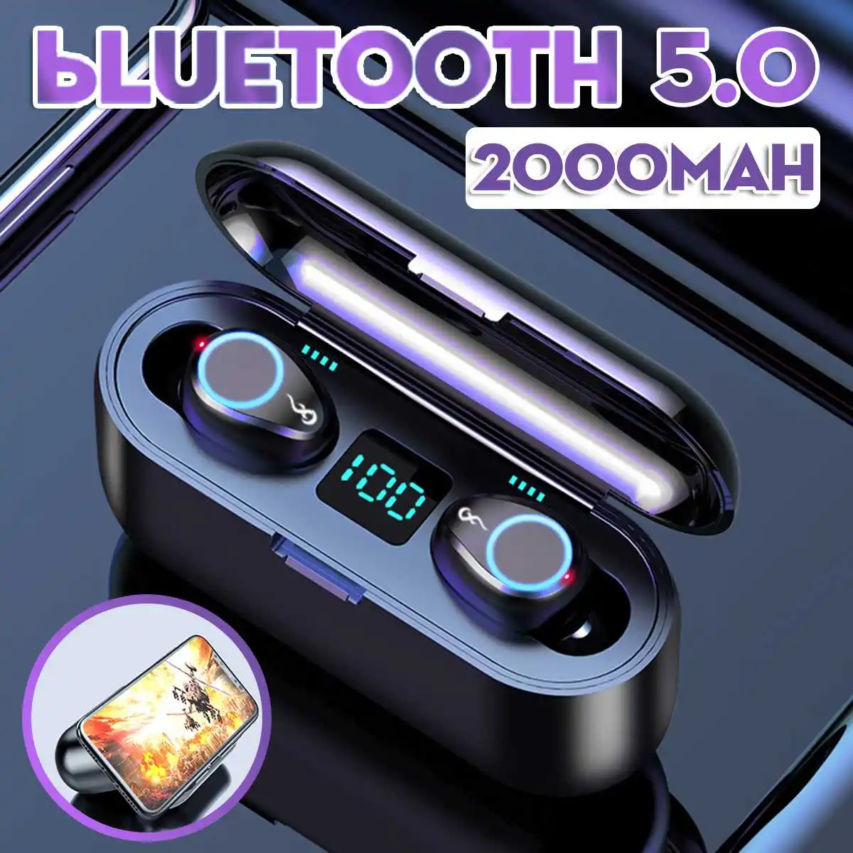 LED Display TWS Wireless Earphone bluetooth 5 0 Sport Waterproof 8D Stereo Earbuds With 1200mAh 2000mAh Power Bank Phone Holder