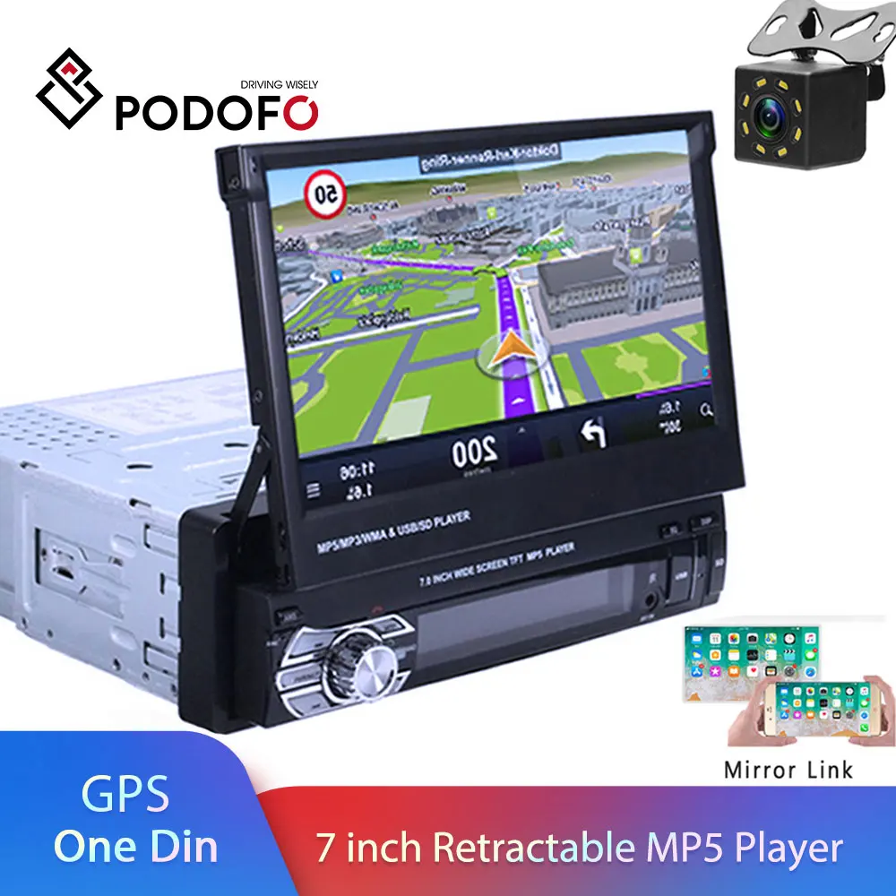 Podofo One din Car radio MP5 Player GPS Navigation Multimedia car audio stereo Bluetooth 7″ HD Retractable Autoradio AUX-IN /FM