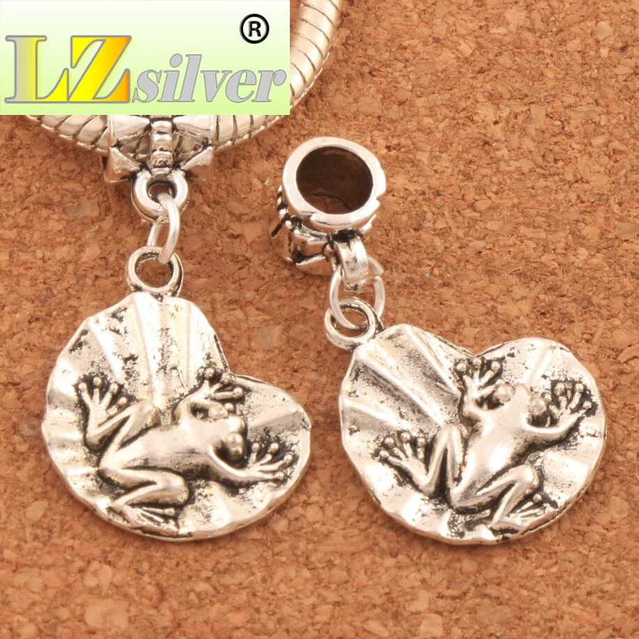 Frog On Lotus Leaf Big Hole Beads 32.2x16.9mm 100PCS Zinc Alloy Dangle Fit European Bracelets Jewelry DIY B041