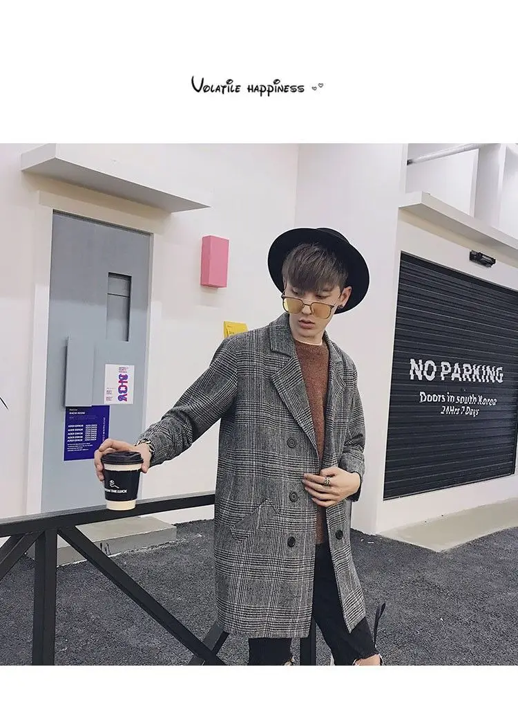spring Korean style unique plaid slim jacket trench men Long section casual grid Windbreaker coats for men M-XXL