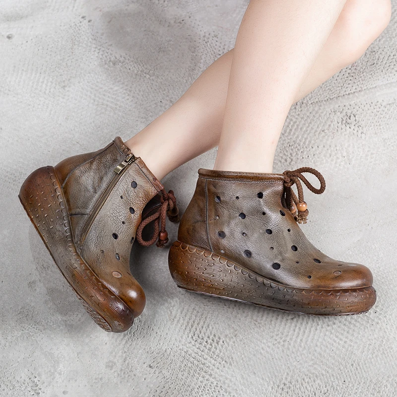 

Genuine Leather Women's Shoes 2019 Autumn New Retro Ankle Boots Hollow Out Vintage Handamde Zipper Female Platform Boots