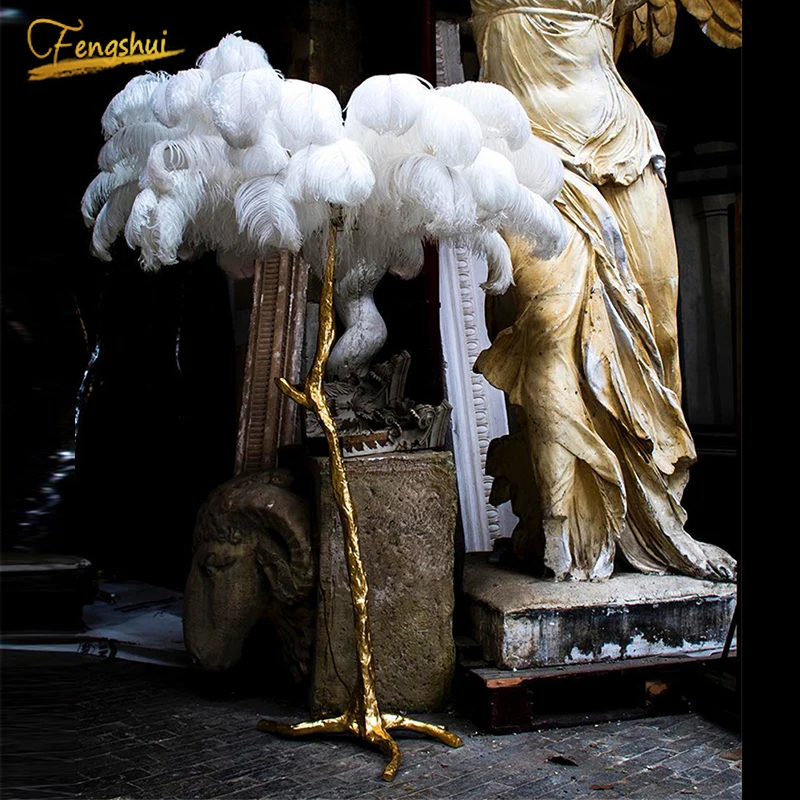 Nordic Modern Luxury Ostrich Feather Gold Floor Lamp Copper Brass