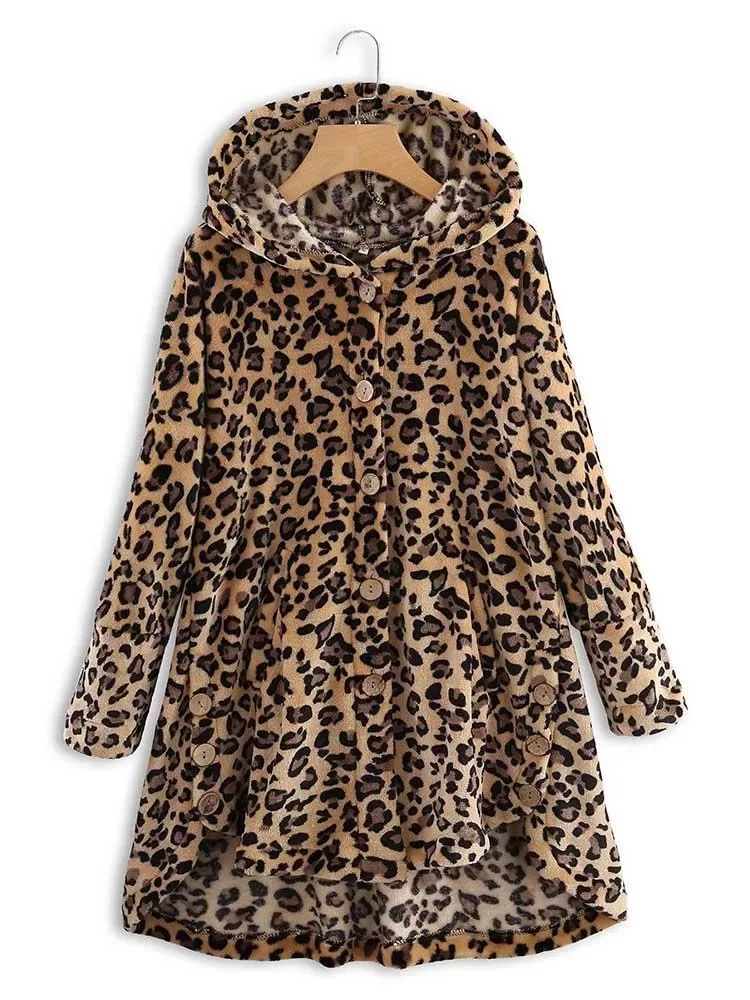 Новое леопардовое пальто, женская Свободная плюшевая теплая верхняя зимняя куртка с капюшоном большого размера, Осеннее Женское пальто 5XL - Цвет: Прозрачный