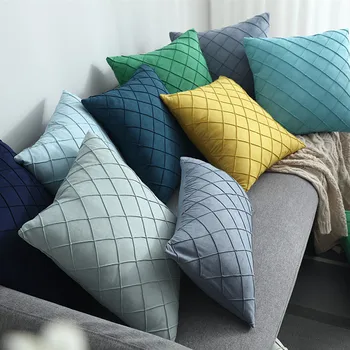

Yellow Navy Blue Embroidered Lattice Cushion Cover Fold Home Decor Cushion Size 45X45CM / 30x50cm