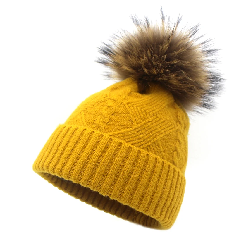 yellow Ditpossible вязаная шапка женская Зимняя кепка шапочка из натурального меха помпон шапки Скалли - Цвет: yellow