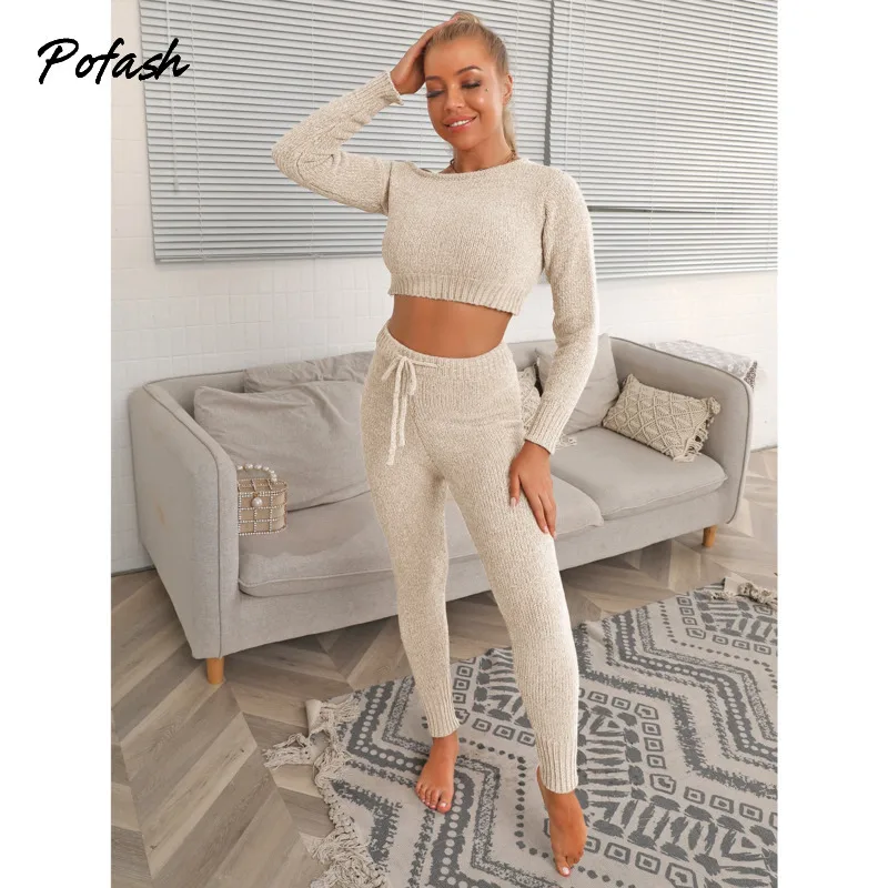 Pofash-Conjunto de dos piezas formado por Top y pantalón, Jersey, vestido tubo mangas largas, para invierno, 2020