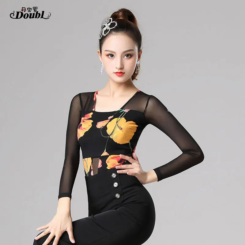 DOUBL Modern Dance Top Female Adult Latin Dance Sport New National Standard Dance Practice Dress Square Traning Salsa Printing