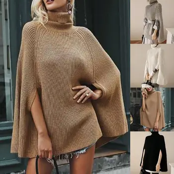 

Stylish Women Solid Color Turtle Neck Side Holes Loose Cloak Knitted Sweater