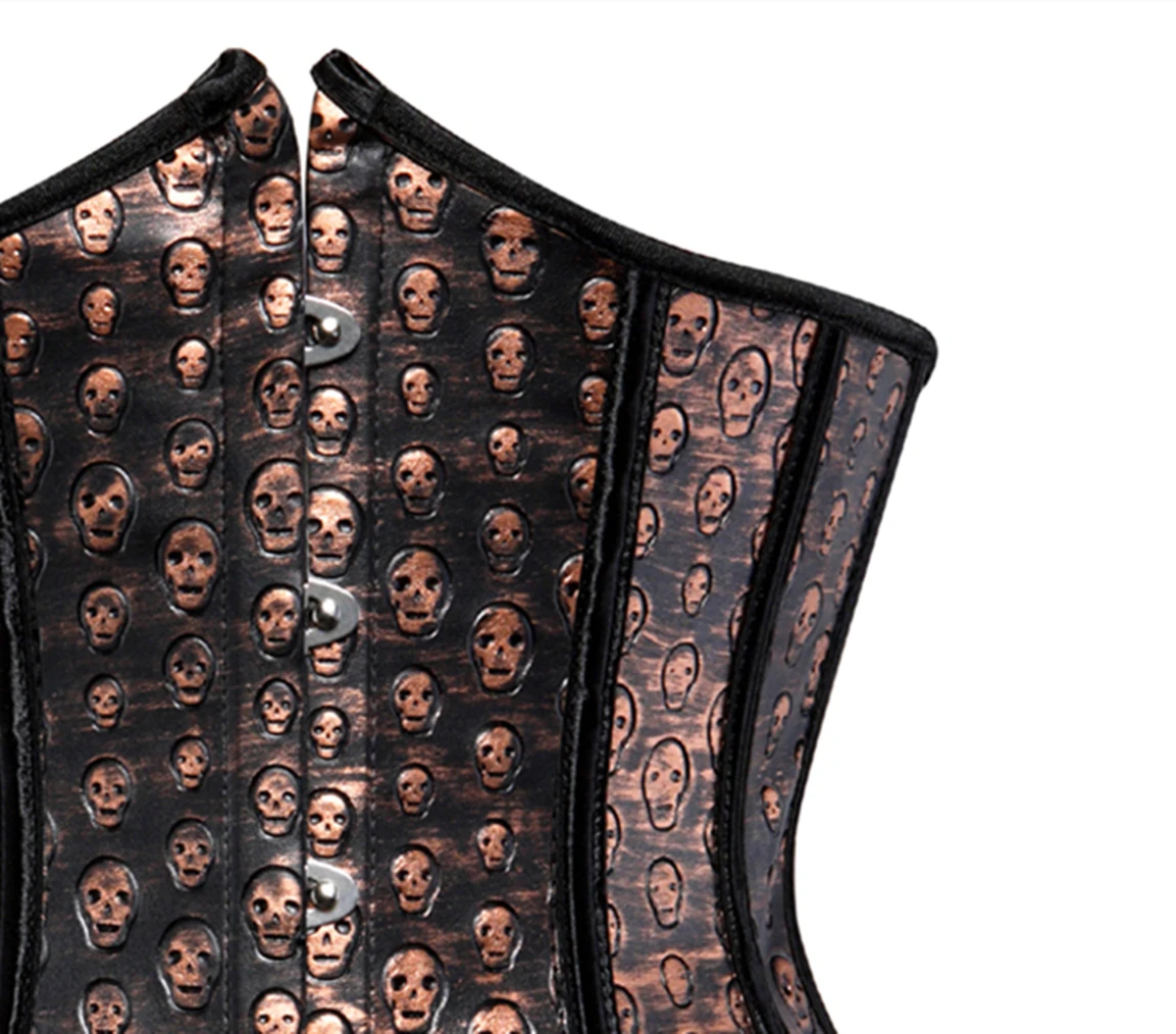 Gothic Burlesque Sexy Skull Shirt Corset, Brown Erotic Corset Mujer Lingerie Corgested Bustiers Top Masquerade Party Costumes