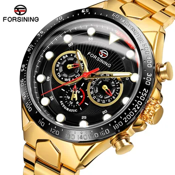 

Forsining Men Brand Watch Automatic Mechanical Watch Gold Watch Stainless Steel Three Dial Display Multi-function Mechanical