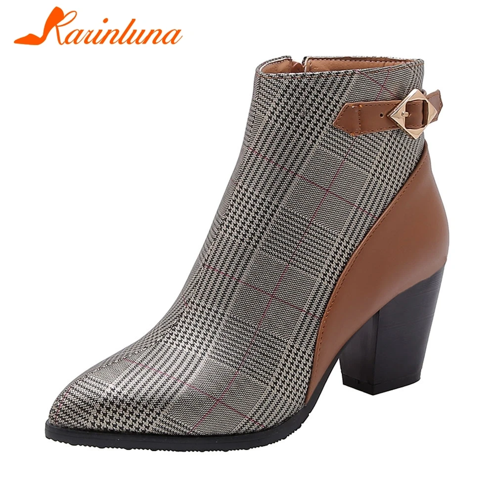 

KARINLUNA New Fashion Ankle Boots Pointed Toe Belt Buckle Shoes Woman Casual Party Mixed Color High Heels Boots Plus Size 32-46