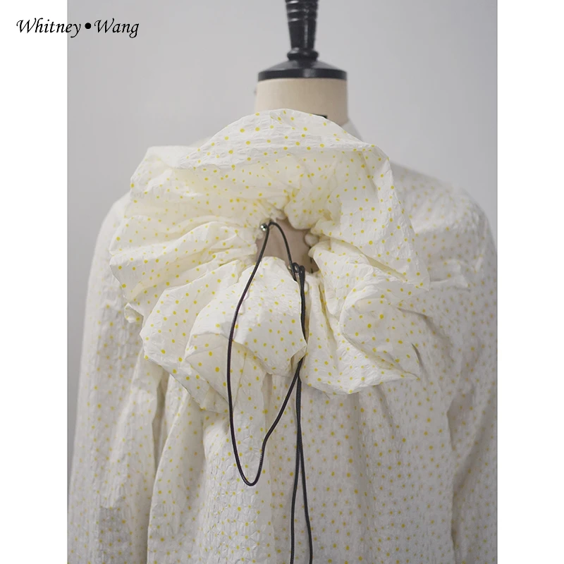 WHITNEY WANG Blouses 2020 Spring Fashion Streetwear Hollow Out Drawstring Floral Polka Blouse Women Blusas Lady Shirt Top | Женская