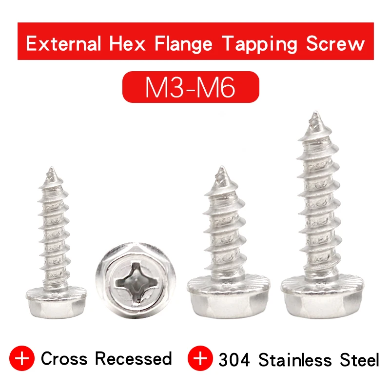 

10-80 PCS Cross Recessed External Hex Flange Self Tapping Screw Stainless Steel Hexagon Cap Head Phillips Screw For Woodworking