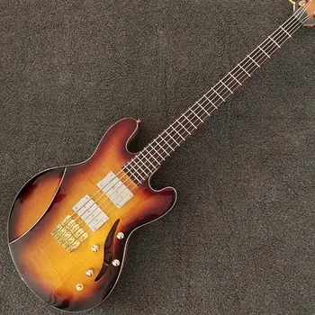 

5 Strings Bass Guitar,CS Color Electric Guitar,Flamed Top,Natural Color Back,Hollow Body,Golden Hardware,Free Shipping