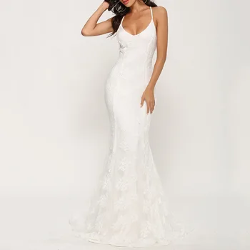 

V Neck White Evening Dress Spaghetti Straps Floor Length Mermaid Sleeveless Lace Women Wedding Party Formal Evening Dresses
