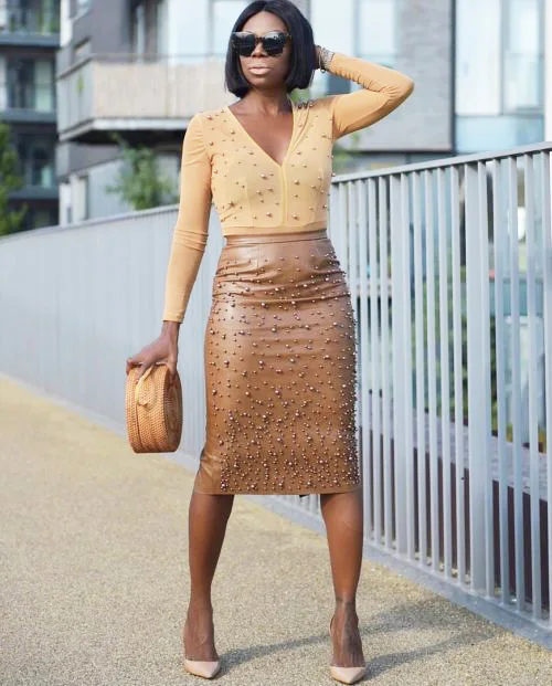 Женская юбка карандаш из искусственной кожи с высокой талией и бусинами|Юбки| |