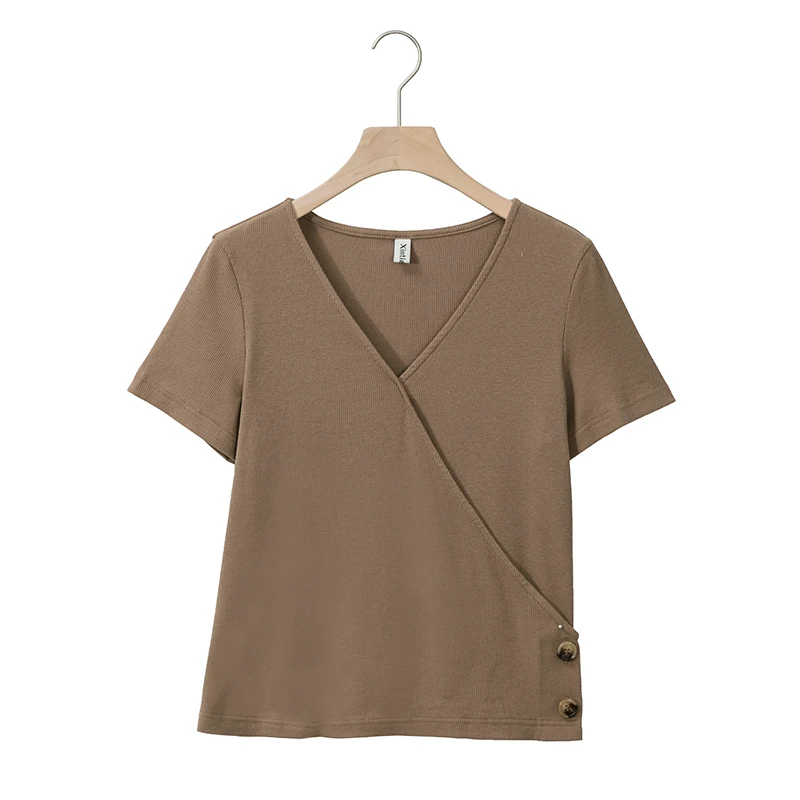 

Fashion Women T-shirt Short Sleeve Button Ribbed Knit Summer V Neck Tee M30334