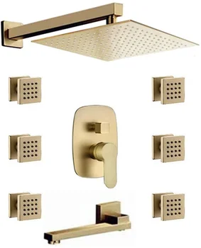

Brass Shower System Wall Mount Brushed Gold 10 Inch Rainfall Shower Head With 6 PCS Body Jet Mixer Spout Tub Set