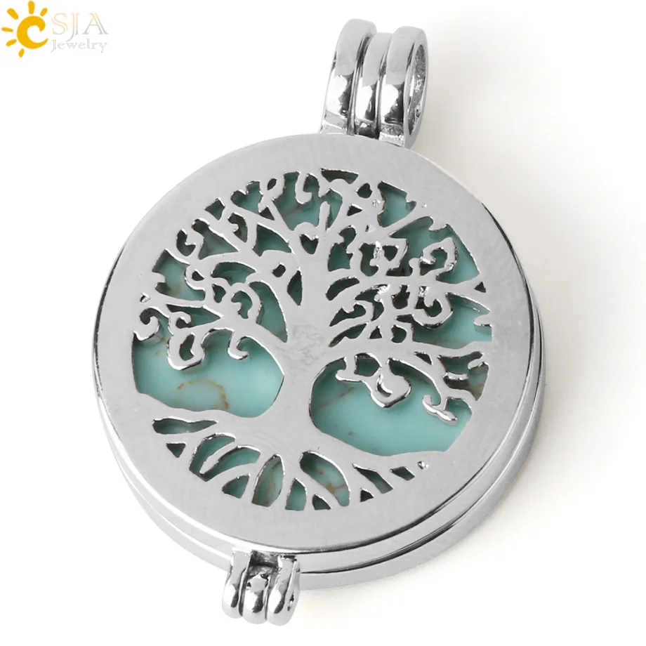 Turquoise CSJA Исцеление ожерелья с подвеской из натурального камня Древо жизни медальон эфирное масло рассеиватель для парфюма, ароматерапии ожерелье для женщин G303 - Metal color: Turquoise