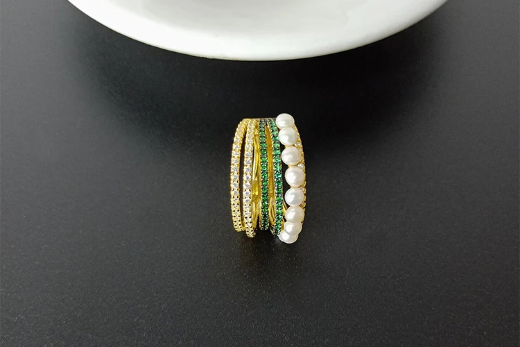 925 Sterling Silver White Green Zircon 6 Multi Hoop Circles Ring with Pearl Women fashion party finger ring monaco Jewelry