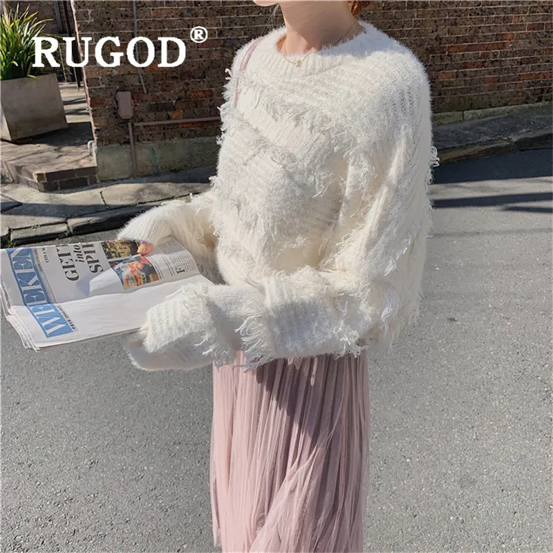RUGOD, новинка, осенний кашемировый свитер с кисточками для женщин, Свободный вязаный пуловер с круглым вырезом, Модный женский элегантный милый однотонный мягкий пуловер