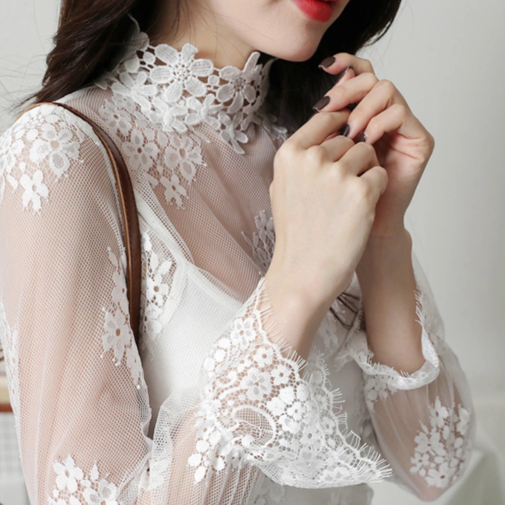 Pretty Sexy Mesh Long Sleeve Shirt Women Spring Transparent Club Party Black Tee Shirts Sexy Thin Turtle Neck Short Tops