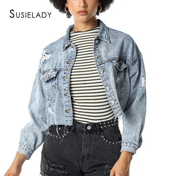 

SUSIELADY Women Casual Denim Jacket Jeans Frayed Ripped Hole Jean Jacket Long Sleeve Vintage Short Denim Coat