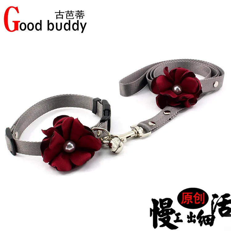 

Ancient Bunty Pearl Cat Neck Ring Set Handmade Flower Pet Shoulder Strap Nylon Copper Bell Dog bo dai Hand Holding Rope