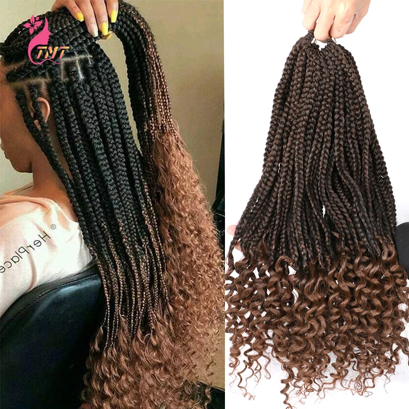 

Wavy Box Braids Crochet Braid Hair Extensions 22Root 18Inch Faux Locs Crochet Hair Three Braids with Curly Ends Synthetic Braids