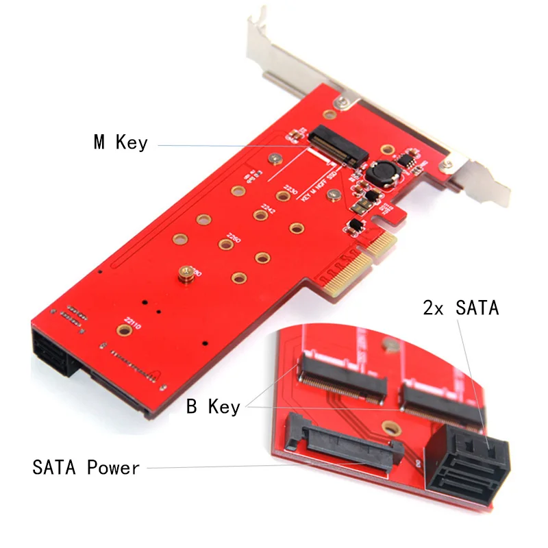 PCIE к M2 адаптер PCIE X4 к 1 порту M ключ NVMe M.2+ 2 порта B Ключ NGFF M.2 Riser Card SATA 15Pin питание 2 SATA подключения материнской платы