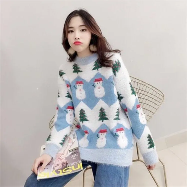 Real Photo of A New Type Women's Christmas Snowman's Mink Like Sweater Mohair Wool Pullover Knitted Top In Autumn Winter 2019 |
