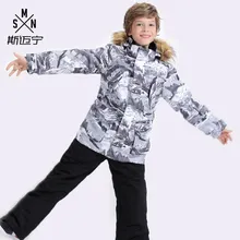 Лыжный костюм для мальчиков; детская Лыжная куртка; брюки; одежда для сноуборда; брюки с меховым капюшоном; ветрозащитное водонепроницаемое зимнее пальто; спортивная одежда для улицы