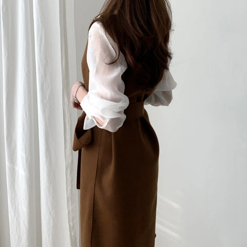 RICININA, корейское женское платье, элегантное,, v-образный вырез, без рукавов, с поясом, с разрезом, одноцветное, офисное платье для женщин, весна-зима, платья для девушек