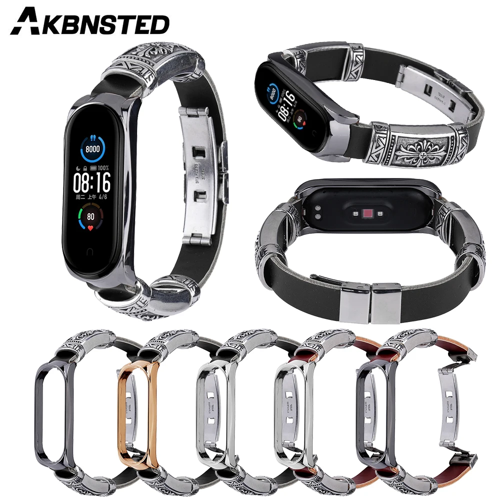 Ремешок AKBNSTED для смарт часов Xiaomi Mi Band 5 и NFC/Mi 4 3 кожаный металлический ремешок с