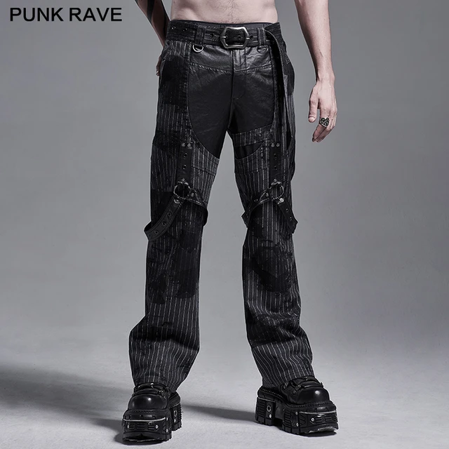 PUNK RAVE Men's Punk Abstract Print Striped Loose Straighrt Trousers Daily  Casual Cotton Wide Leg Pants Streetwear