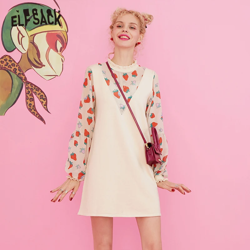ELFSACK US & DE FBA Local Deliery Black Strawberry Print 2020 Autumn Sweet Frill Sleeve Ladies Basic Fake Two Pieces Dresses