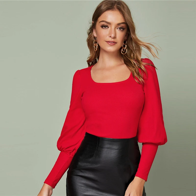 SHEIN Solid Leg-of-mutton Sleeve Top Slim Fitted Tee Autumn Scoop Neck Solid Office Ladies Elegant T-shirts
