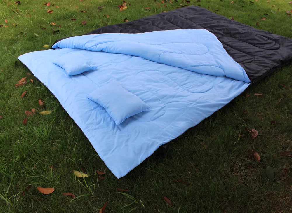 86"x60" Double Thermal Sleeping Bag 450g/m2 hollow fiber 2 Person Outdoor Camping Hiking Sleeping Bag with 2 Pillows