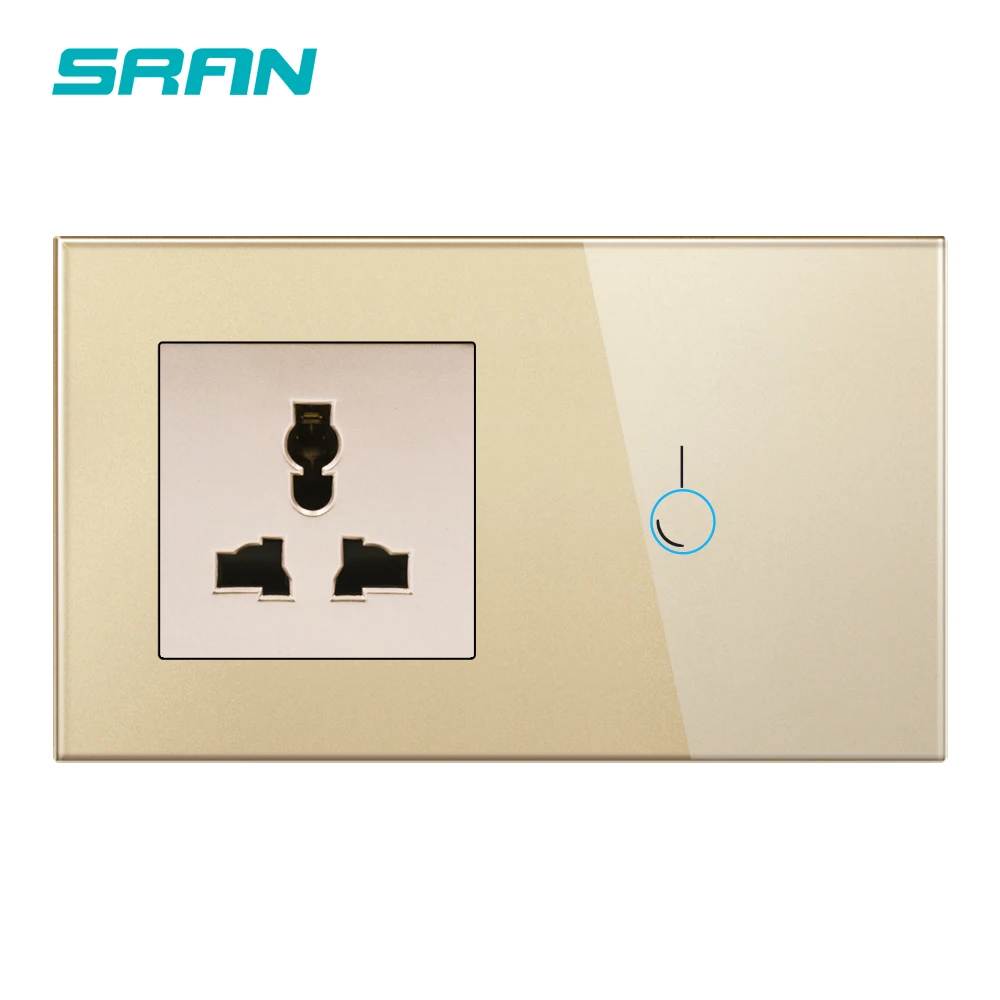 

SRAN Universal 13A socket with touch switch 1/2 Gang 1Way crystal tempered glass panel material 146*86mm Home Decoration
