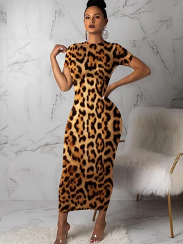 

Leopard Print Slim Vacation Dress Short Sleeve Beach Dress High Neck Beach Wear Women Tunic Beach Cover Up Summer Beach Dress