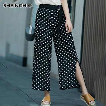 

Autumn 2019 Women Pants Runway Designer Black Polka Dot Pants Elegant Korean Fashion Wide Leg Female Chiffon Pants High Quality