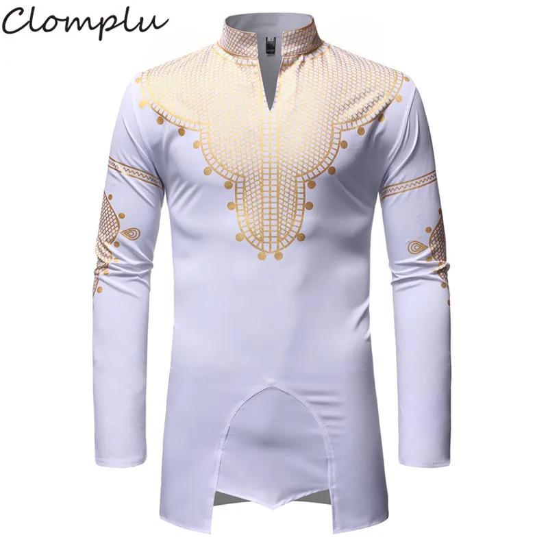 Белый Clomplu африканская Дашики, Мужская одежда, модные макси рубашки, осенняя одежда с длинными рукавами в африканском стиле, высокое качество, с принтом, черный, белый, красный - Цвет: Белый
