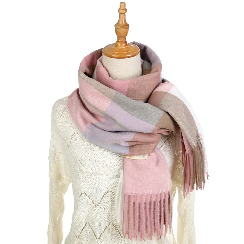 Западный стиль Модный клетчатый шарф искусственный кашемир теплая зимняя шаль Геометрический Длинный шарф с кисточками стиль