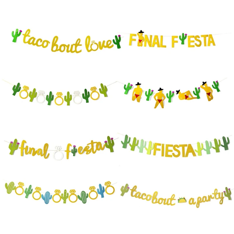 1 Set Novelty Gold Letter Green Cactus Taco Bar Paper Final Fiesta Banners Flag Garland For Bachelorette Party Decoration